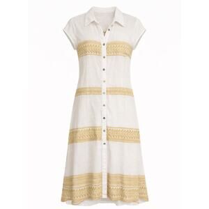 Kasia Linen Blend Embroidered Shirt Dress M White Gold Button Front Boho Midi